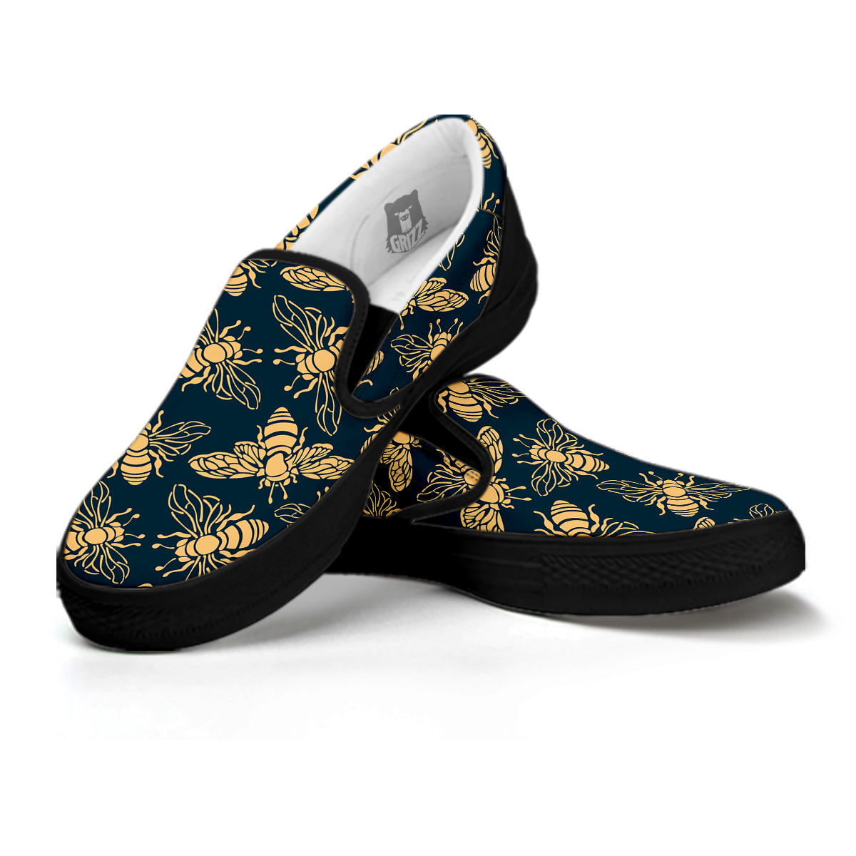 Bee Vintage Print Pattern Black Slip On Shoes-grizzshop