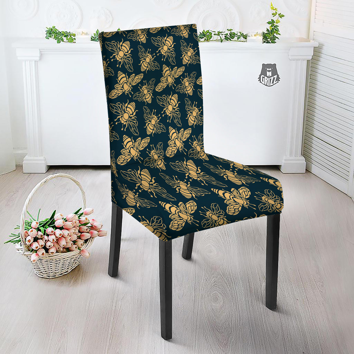 Bee Vintage Print Pattern Dining Chair Slipcover-grizzshop