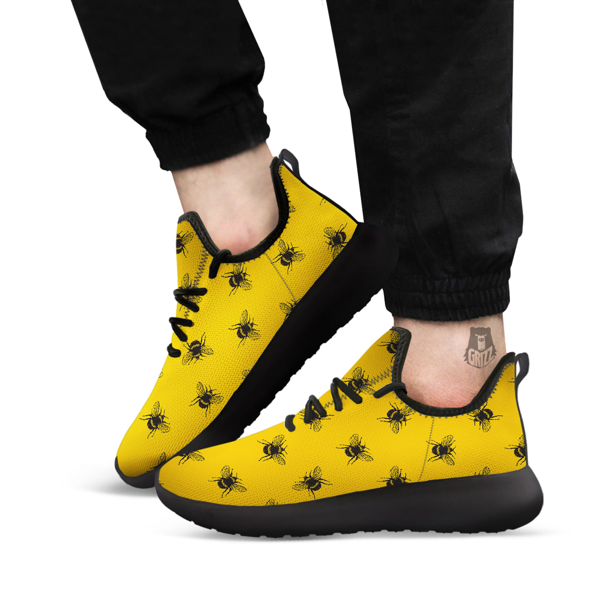 Bee Yellow Print Pattern Black Athletic Shoes-grizzshop