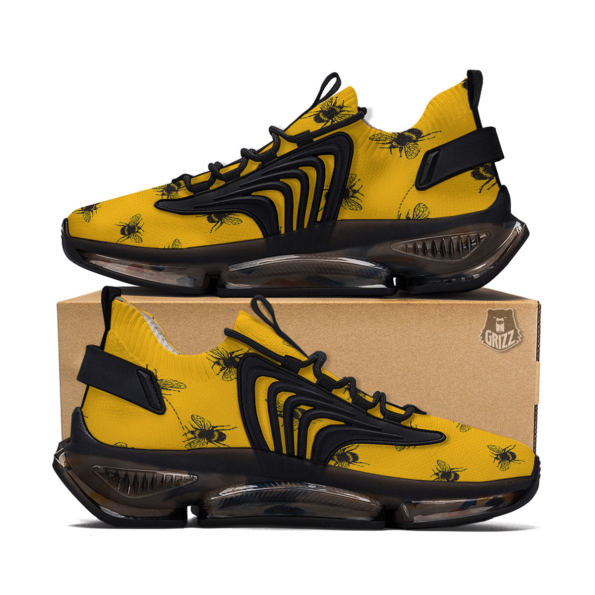 Bee Yellow Print Pattern Black Gym Shoes-grizzshop