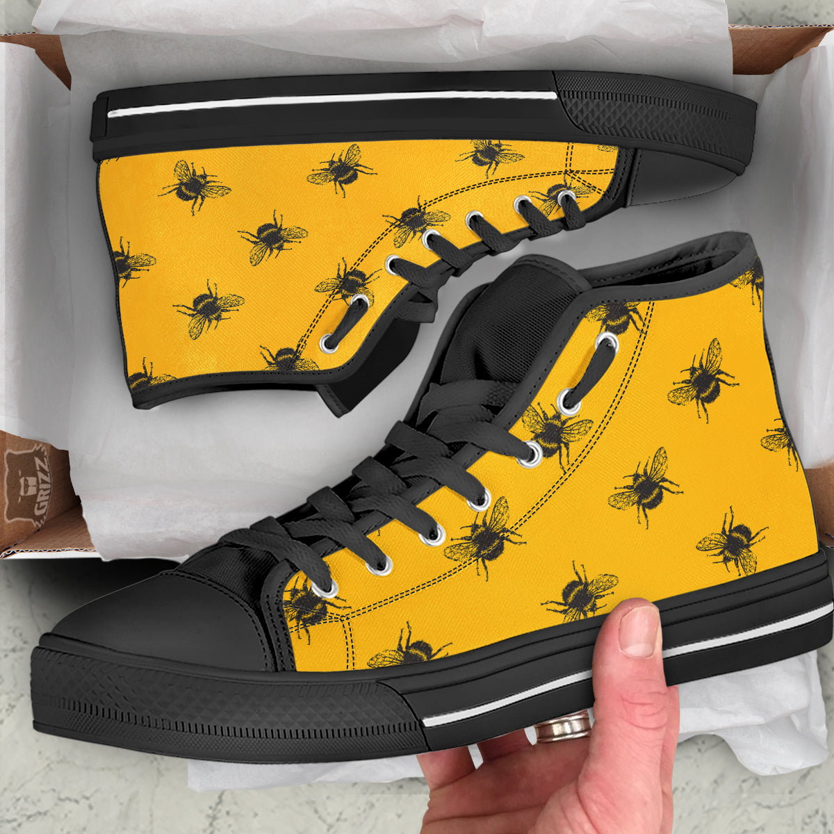 Bee Yellow Print Pattern Black High Top Shoes-grizzshop