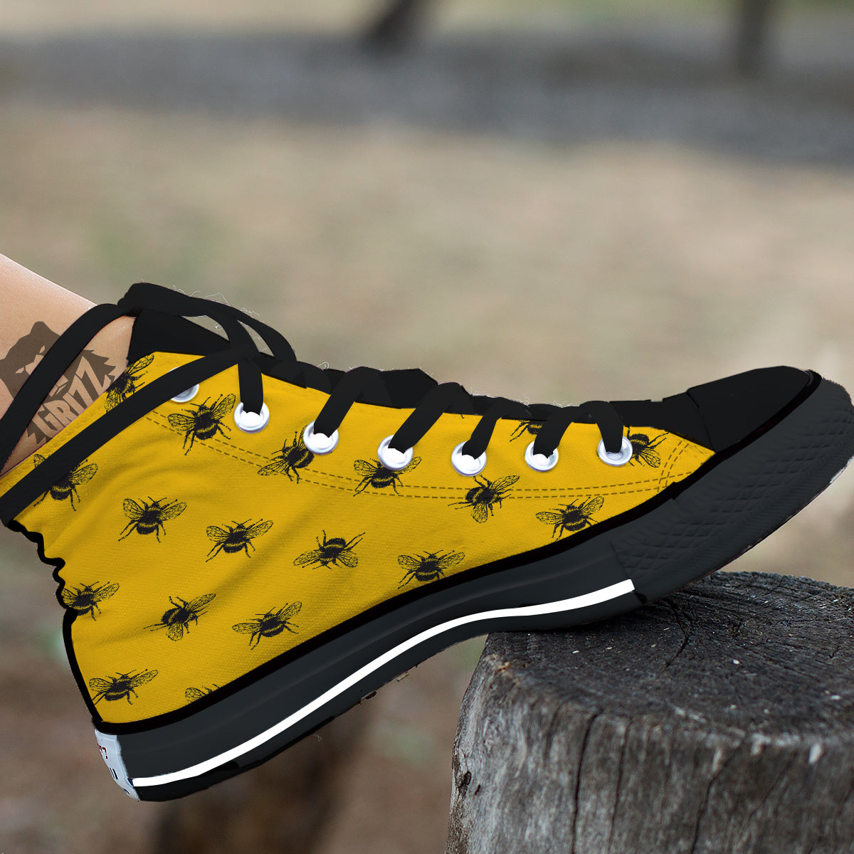 Bee Yellow Print Pattern Black High Top Shoes-grizzshop
