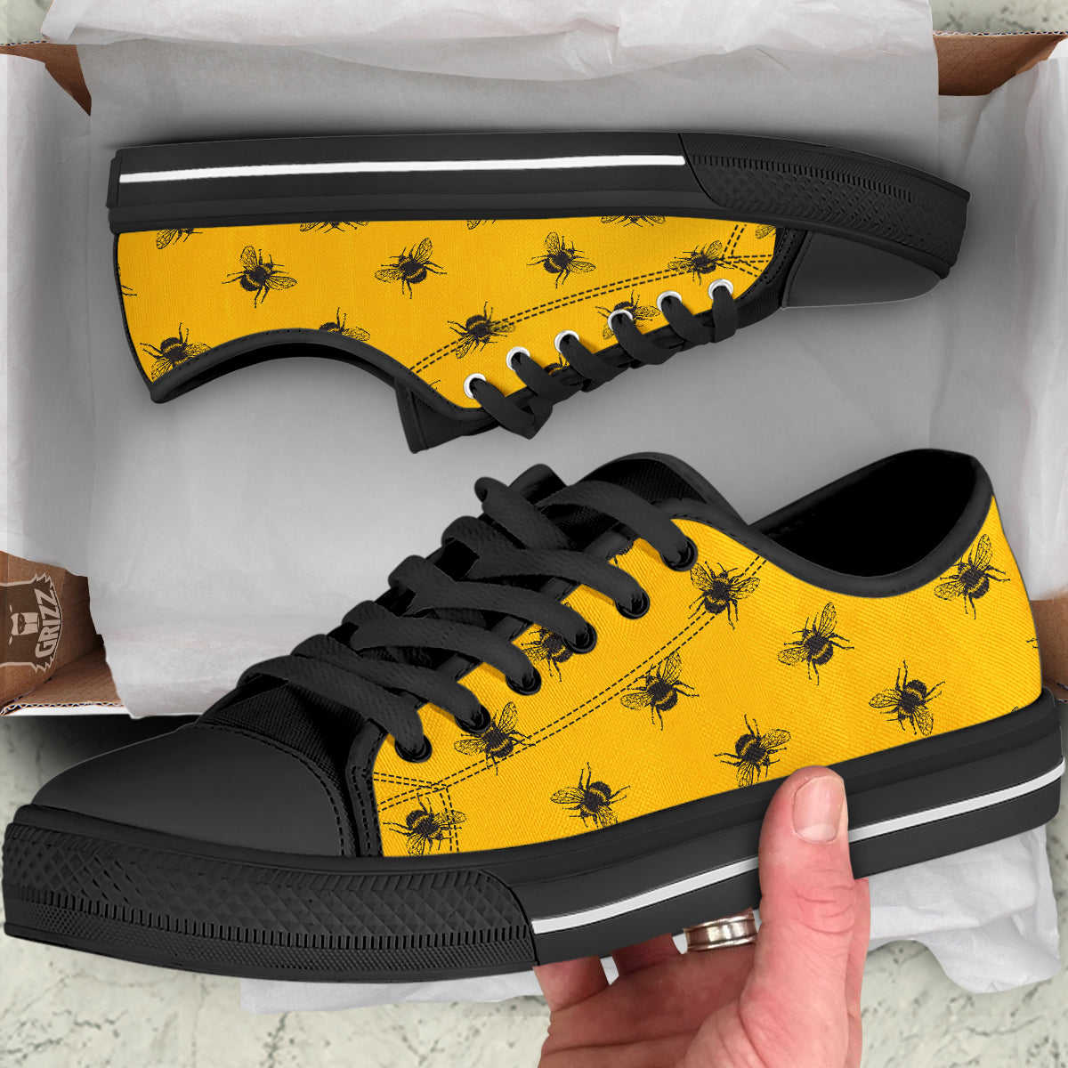 Bee Yellow Print Pattern Black Low Top Shoes-grizzshop