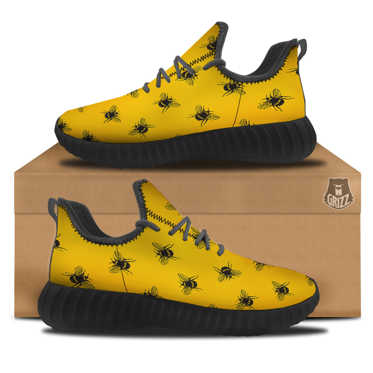 Bee Yellow Print Pattern Black Walking Shoes-grizzshop