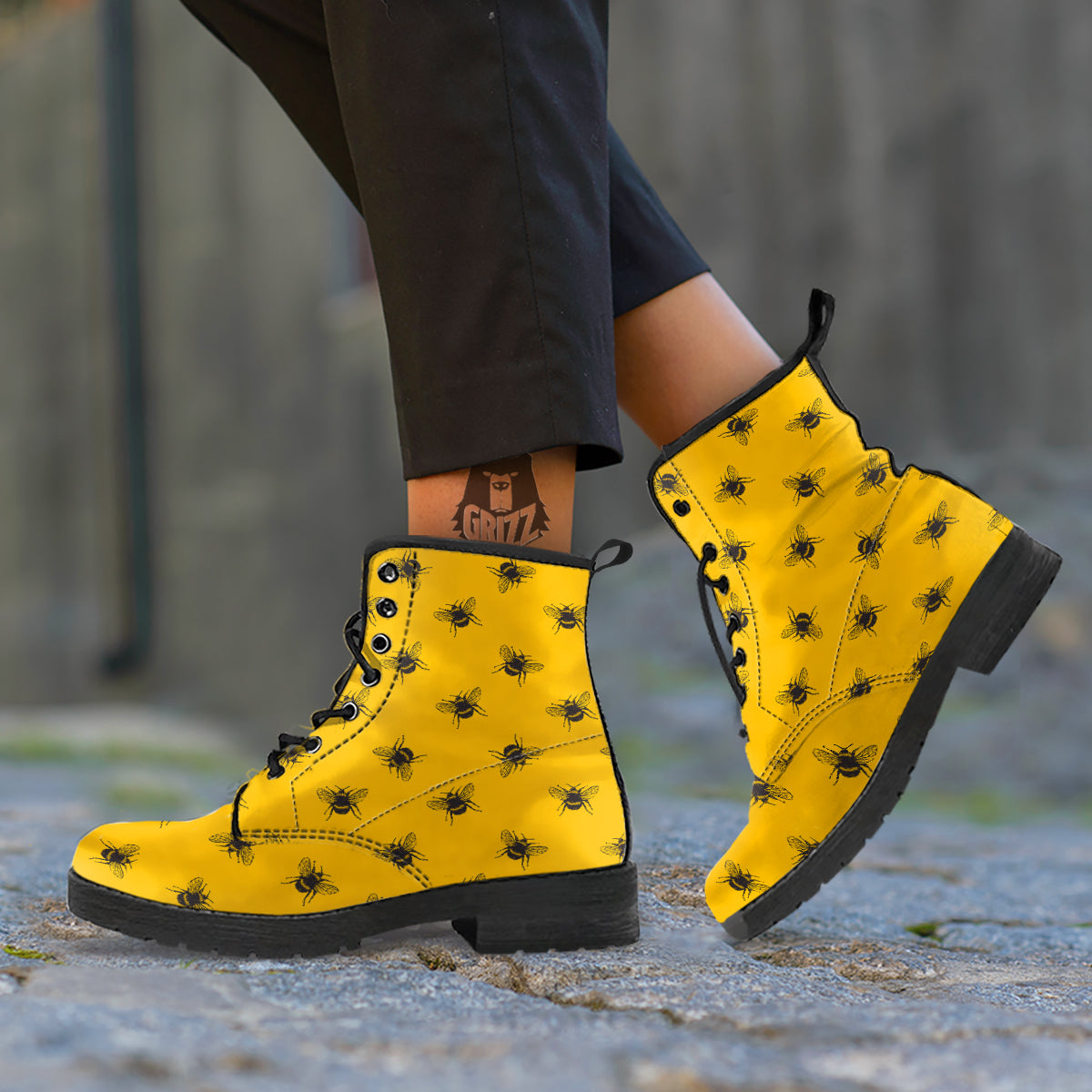 Bee Yellow Print Pattern Leather Boots-grizzshop