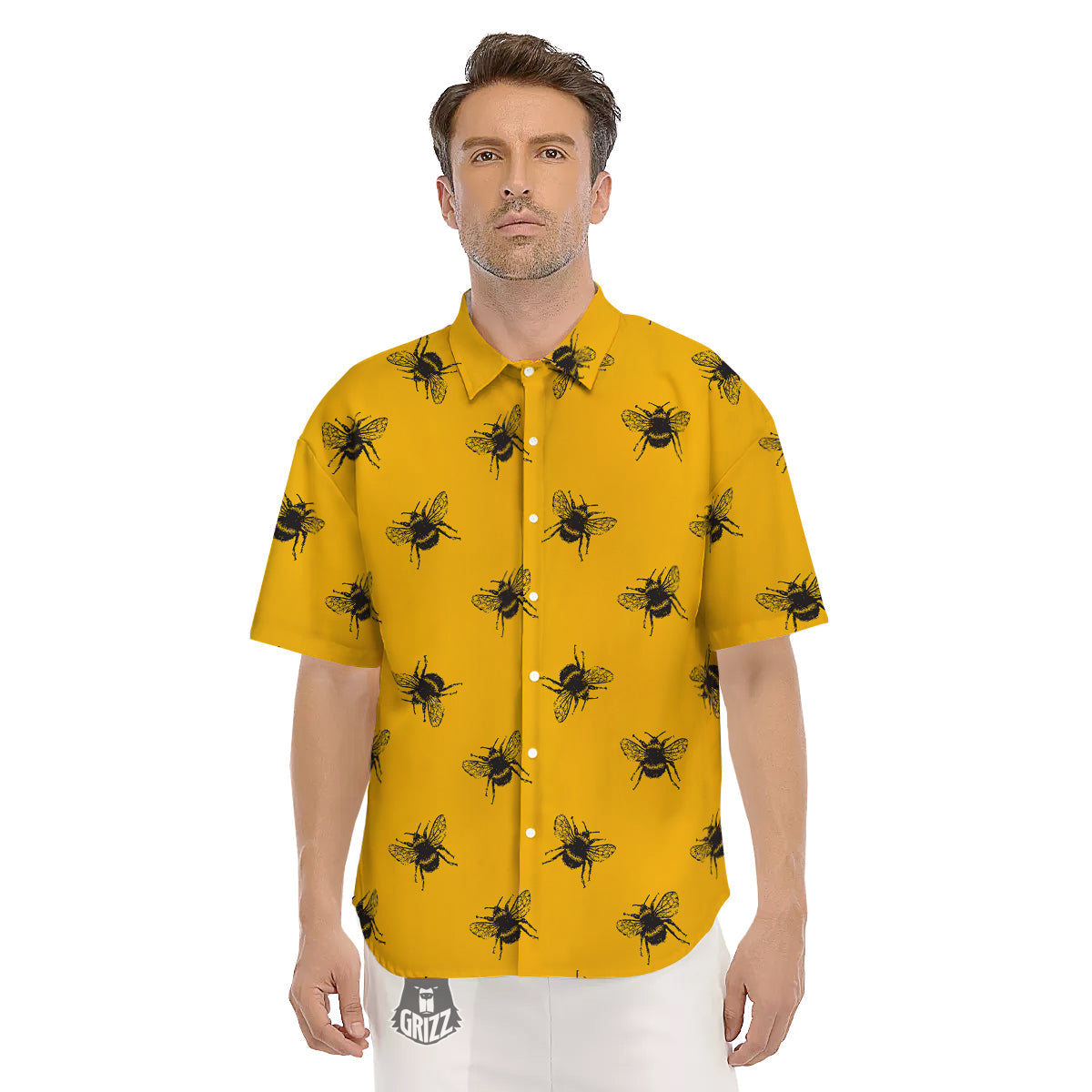 Bee Yellow Print Pattern Men's Short Sleeve Shirts-grizzshop