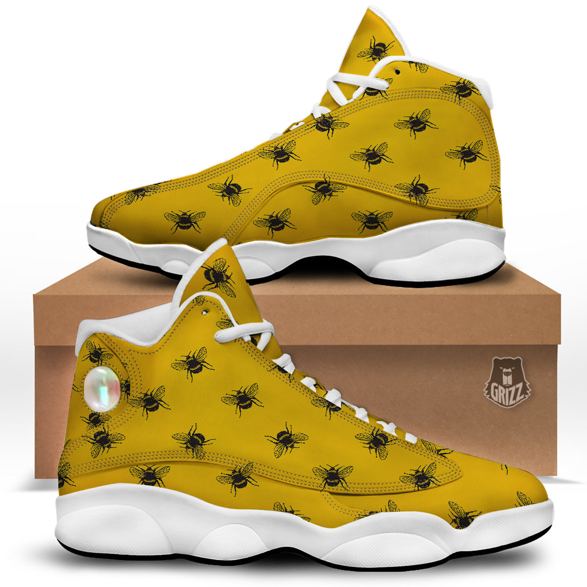 Bee Yellow Print Pattern White Basketball Shoes-grizzshop