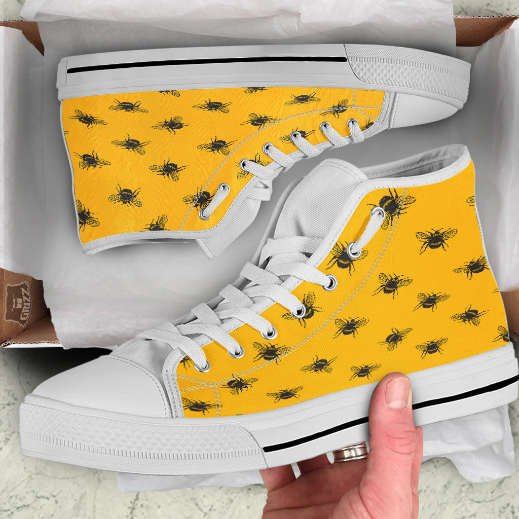 Bee Yellow Print Pattern White High Top Shoes-grizzshop