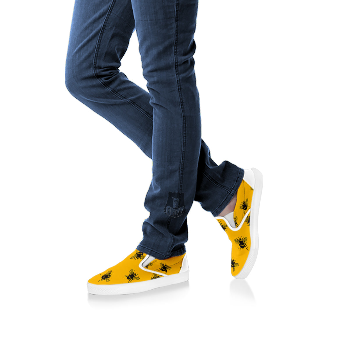 Bee Yellow Print Pattern White Slip On Shoes-grizzshop