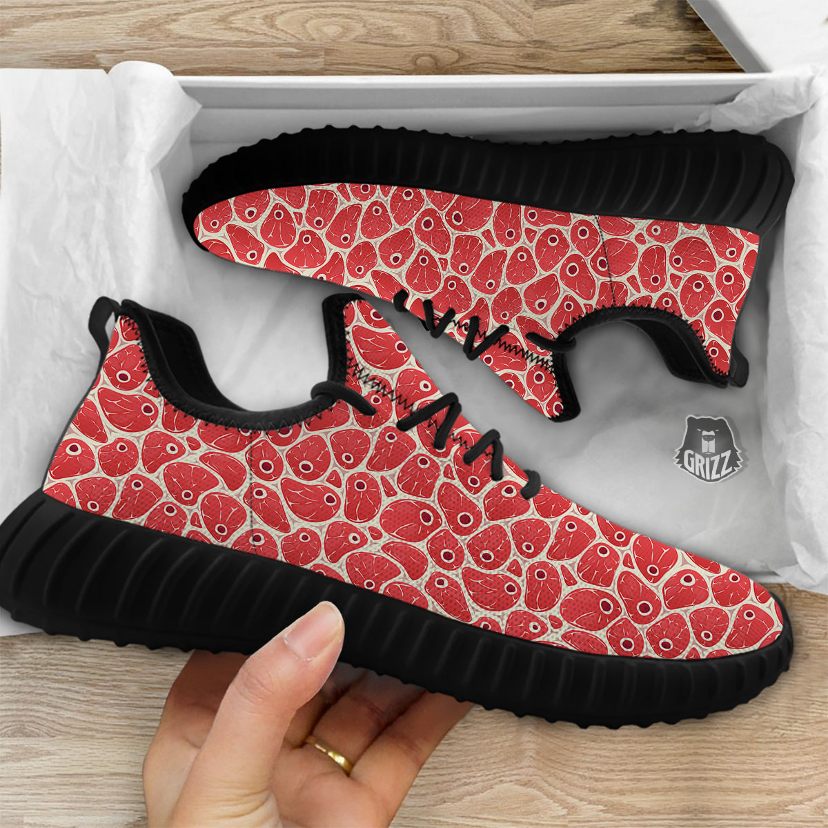 Beef Meat Print Pattern Black Walking Shoes-grizzshop