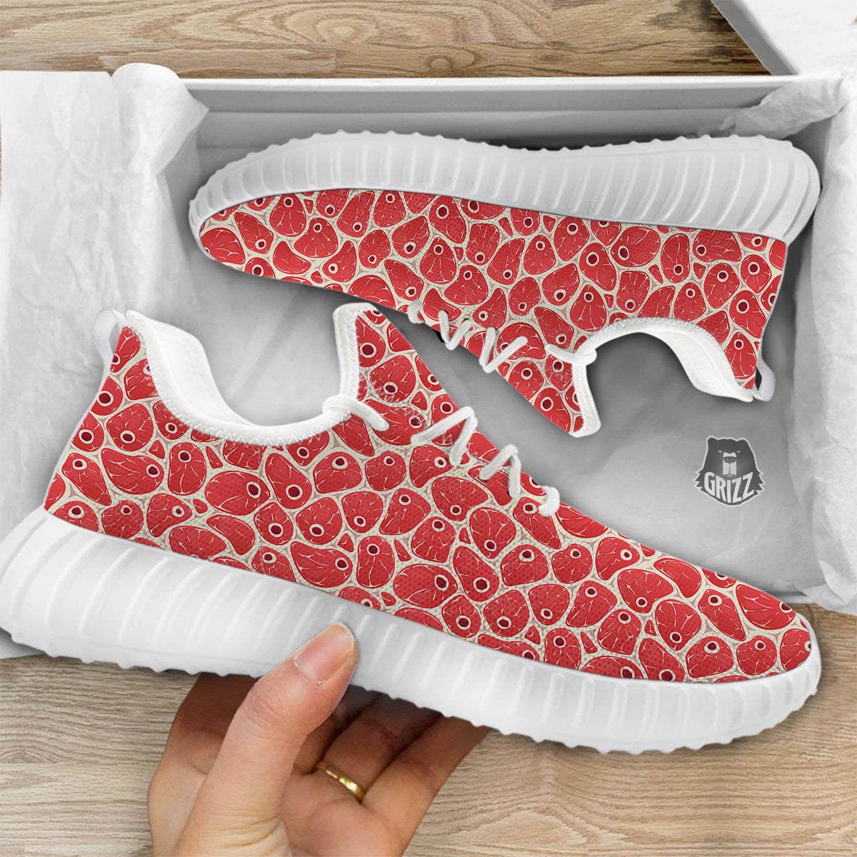 Beef Meat Print Pattern White Walking Shoes-grizzshop