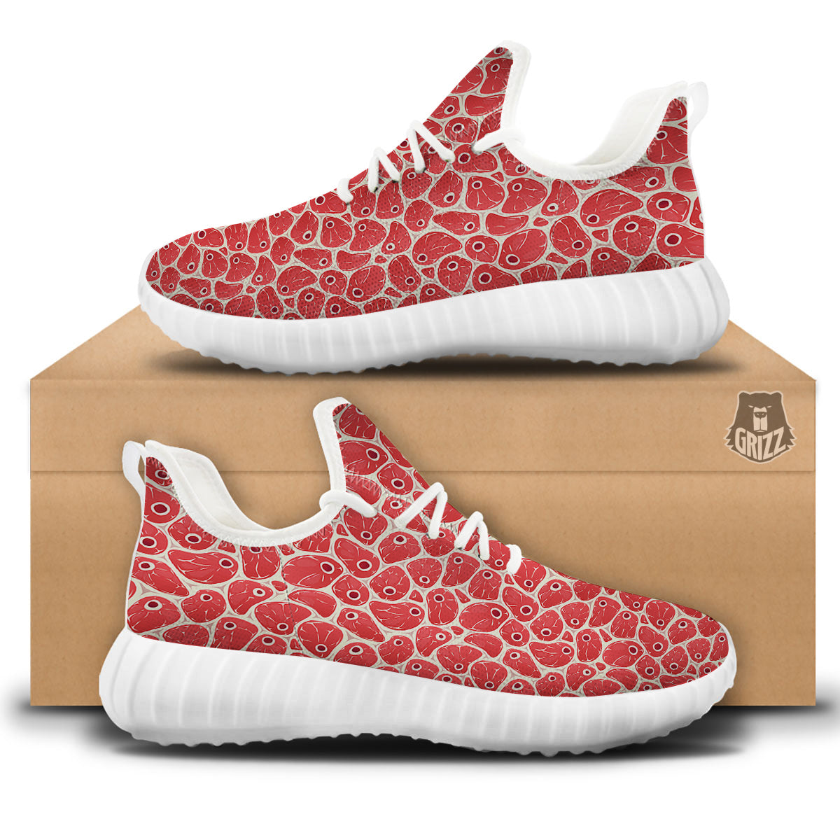 Beef Meat Print Pattern White Walking Shoes-grizzshop