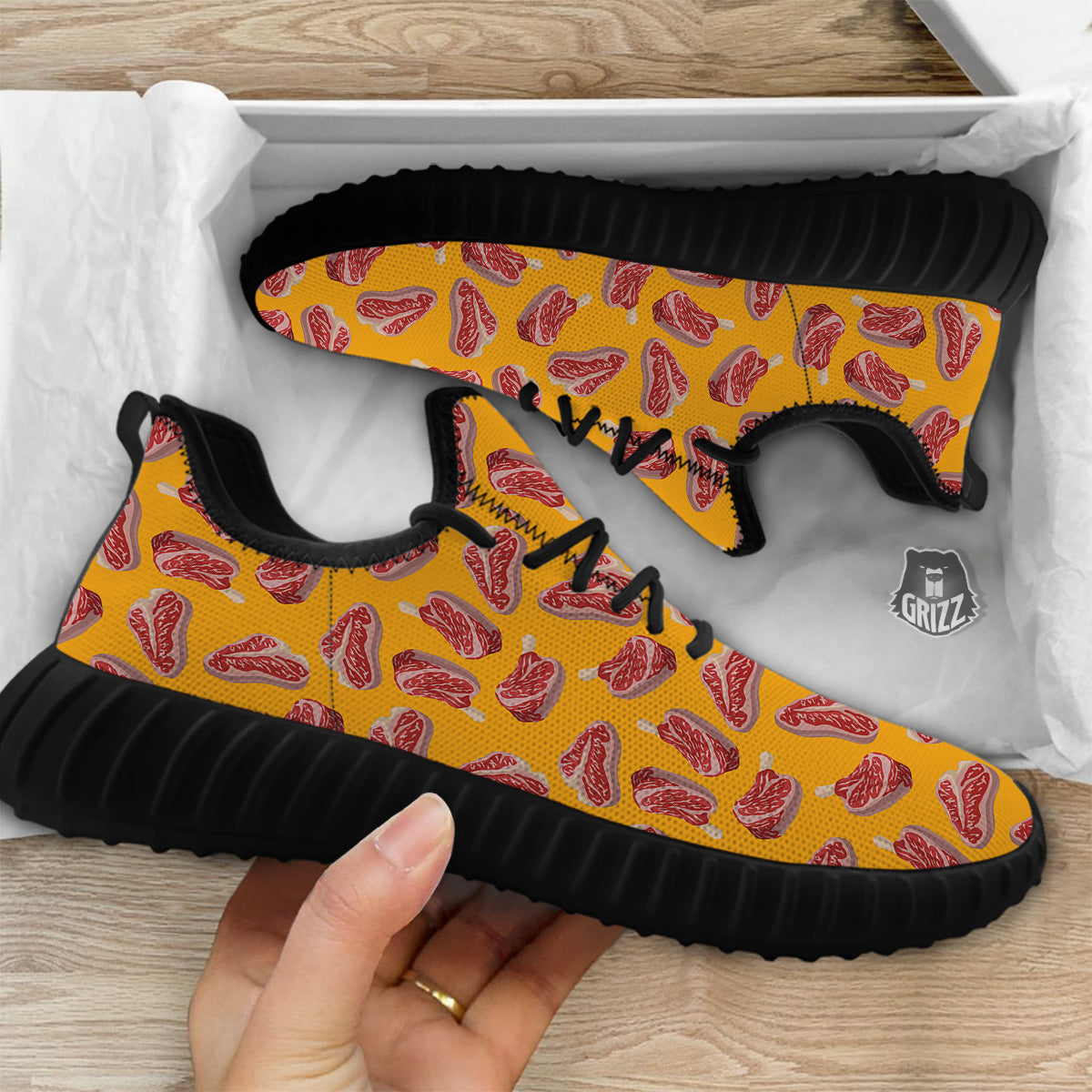 Beef Meat Steak Print Pattern Black Walking Shoes-grizzshop