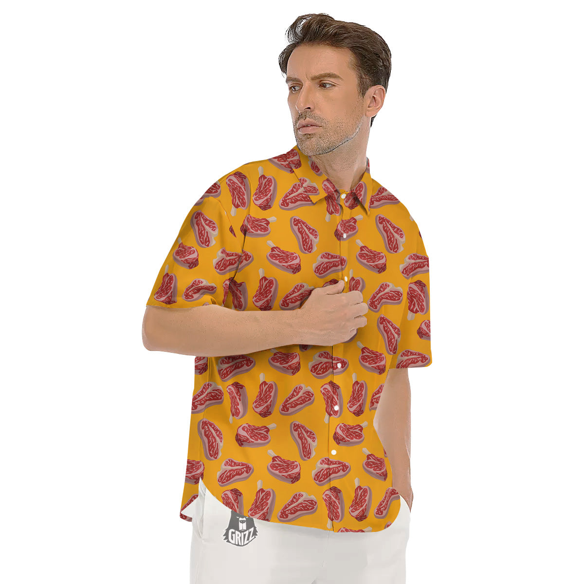 Beef Meat Steak Print Pattern Men's Short Sleeve Shirts-grizzshop