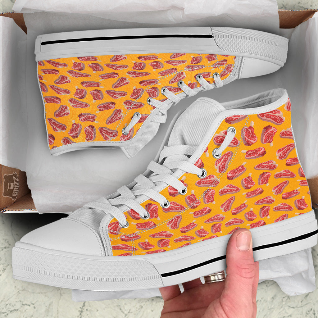 Beef Meat Steak Print Pattern White High Top Shoes-grizzshop