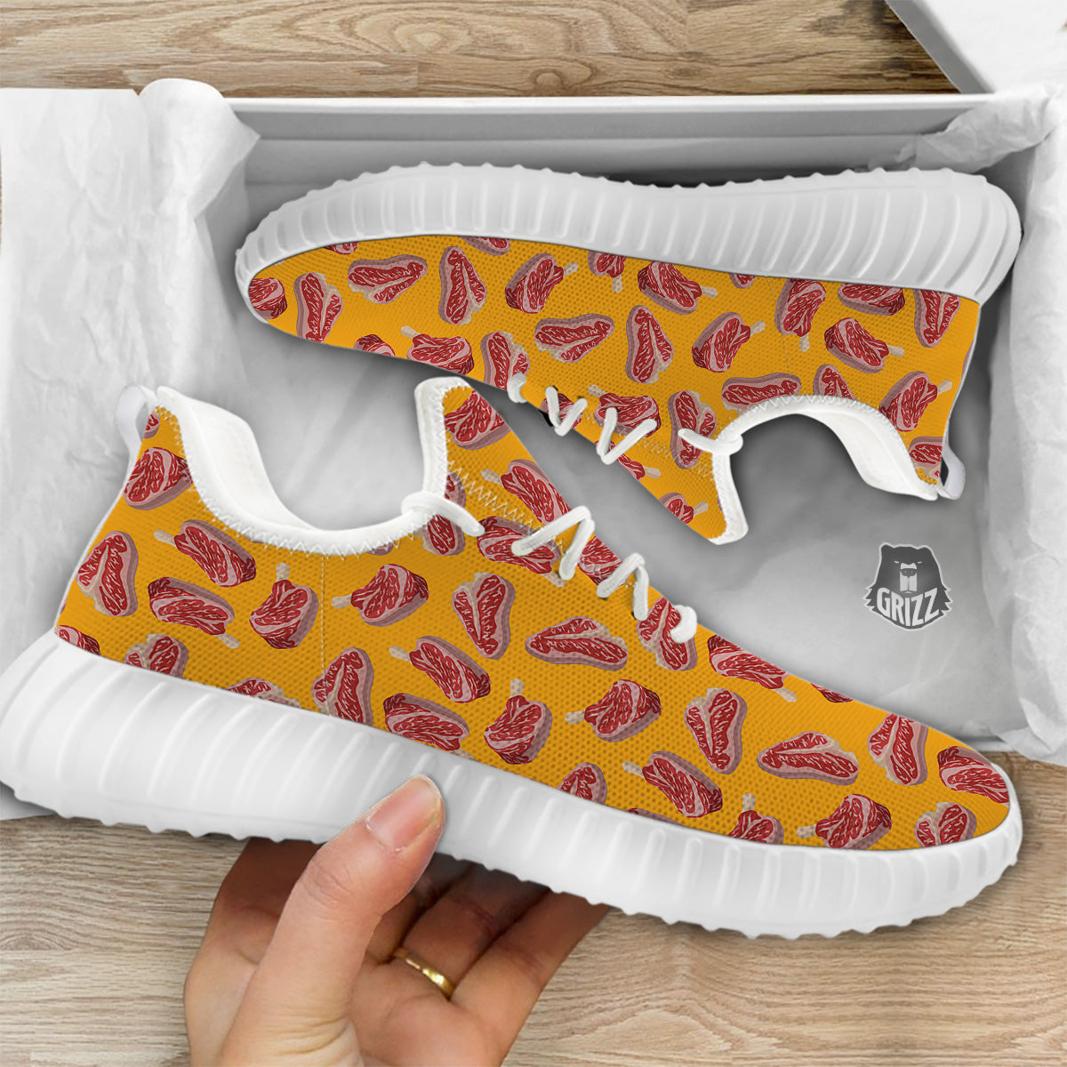 Beef Meat Steak Print Pattern White Walking Shoes-grizzshop