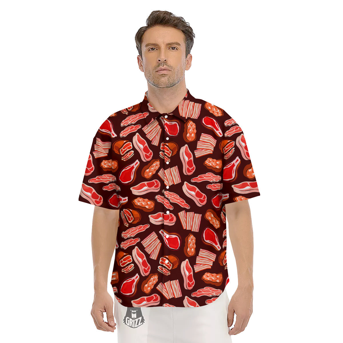 Beef Steaks Print Pattern Men's Short Sleeve Shirts-grizzshop