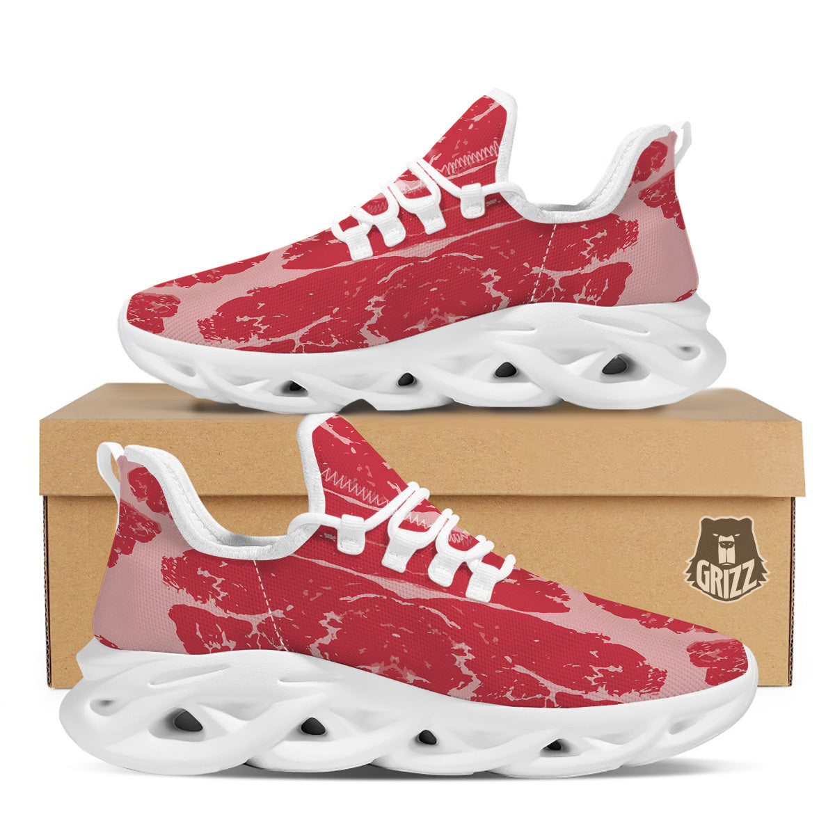 Beef Texture Print Pattern White Running Shoes-grizzshop