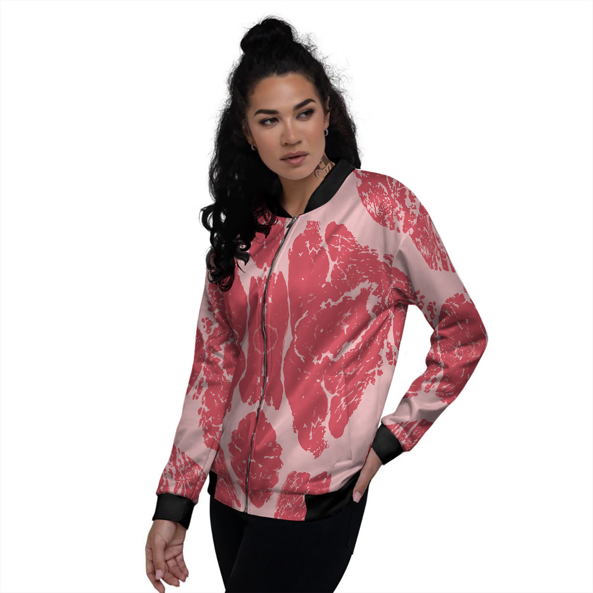 Beef Texture Print Pattern Women's Bomber Jacket-grizzshop
