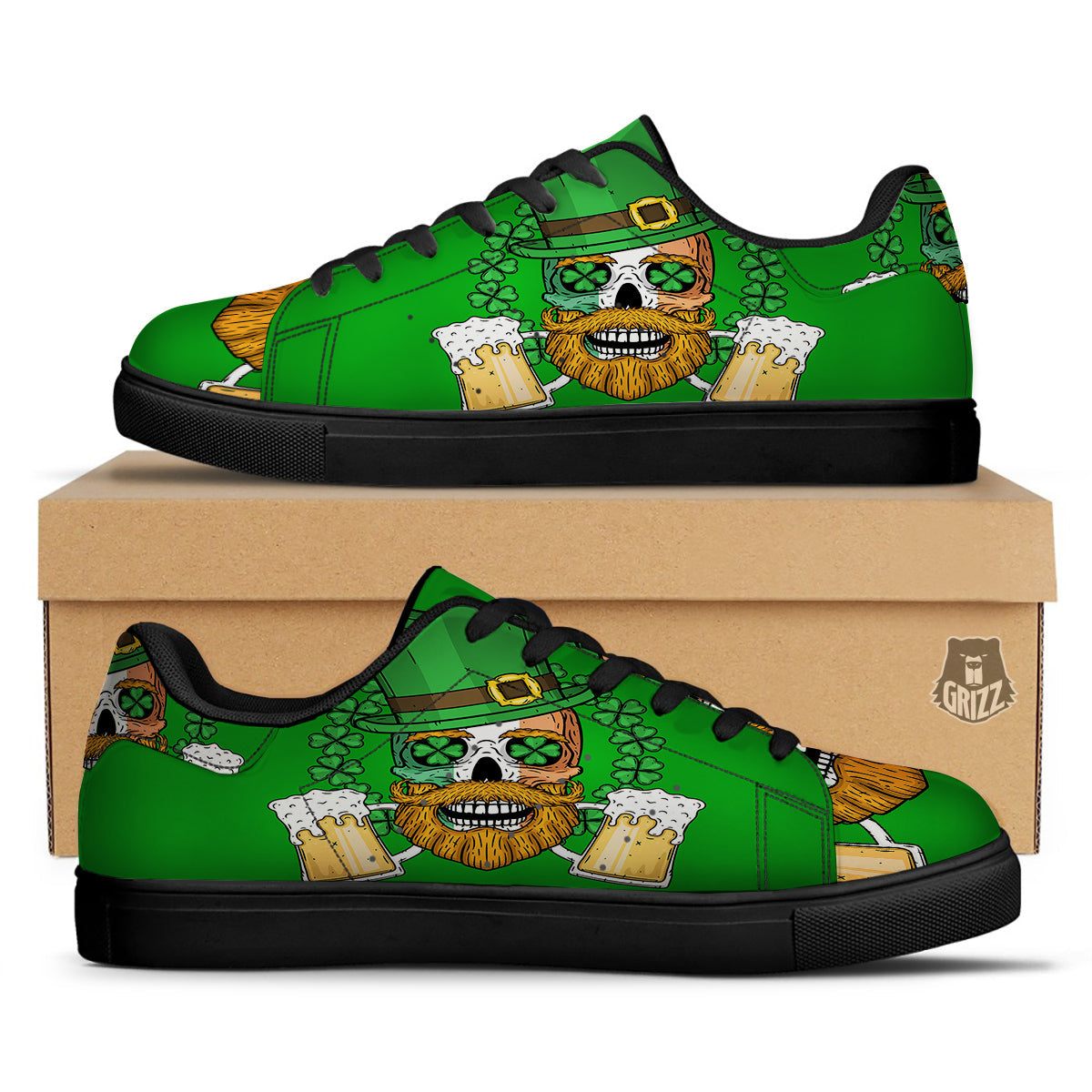 Beer And Clover St. Patrick's Day Print Black Low Top Sneakers-grizzshop