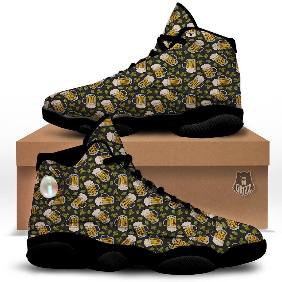 Beer And Hop Cone Leaf Print Pattern Black Basketball Shoes-grizzshop