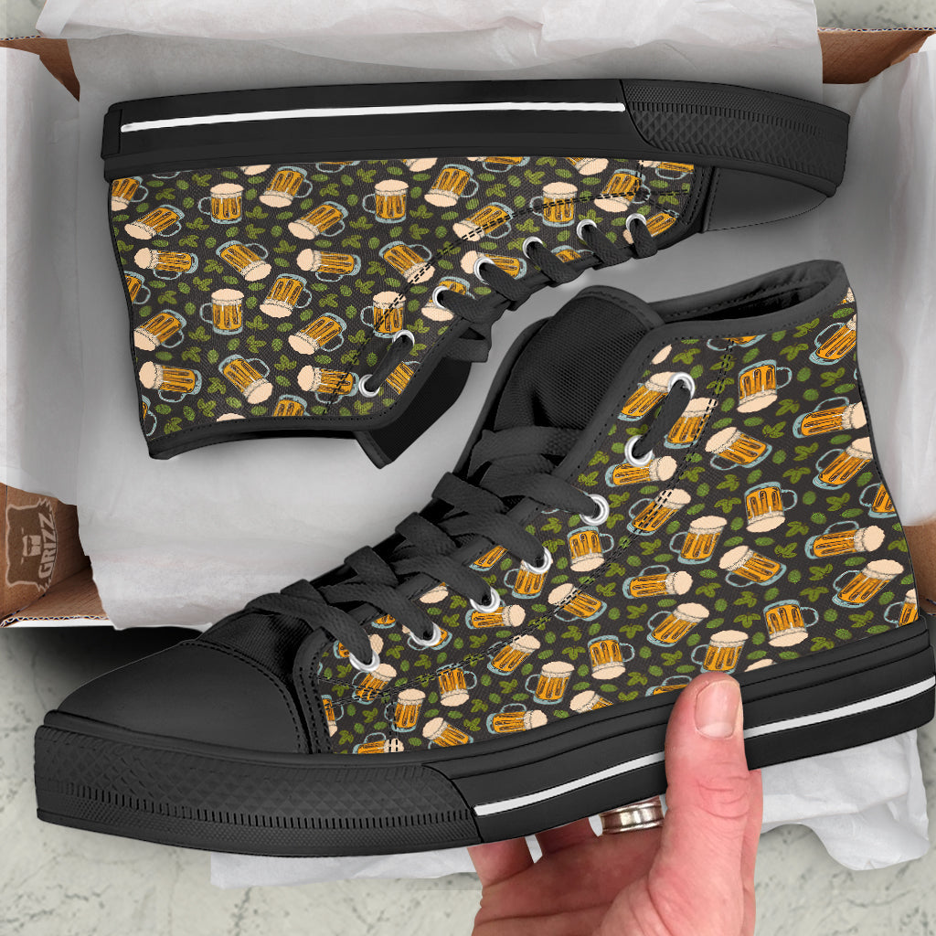 Beer And Hop Cone Leaf Print Pattern Black High Top Shoes-grizzshop