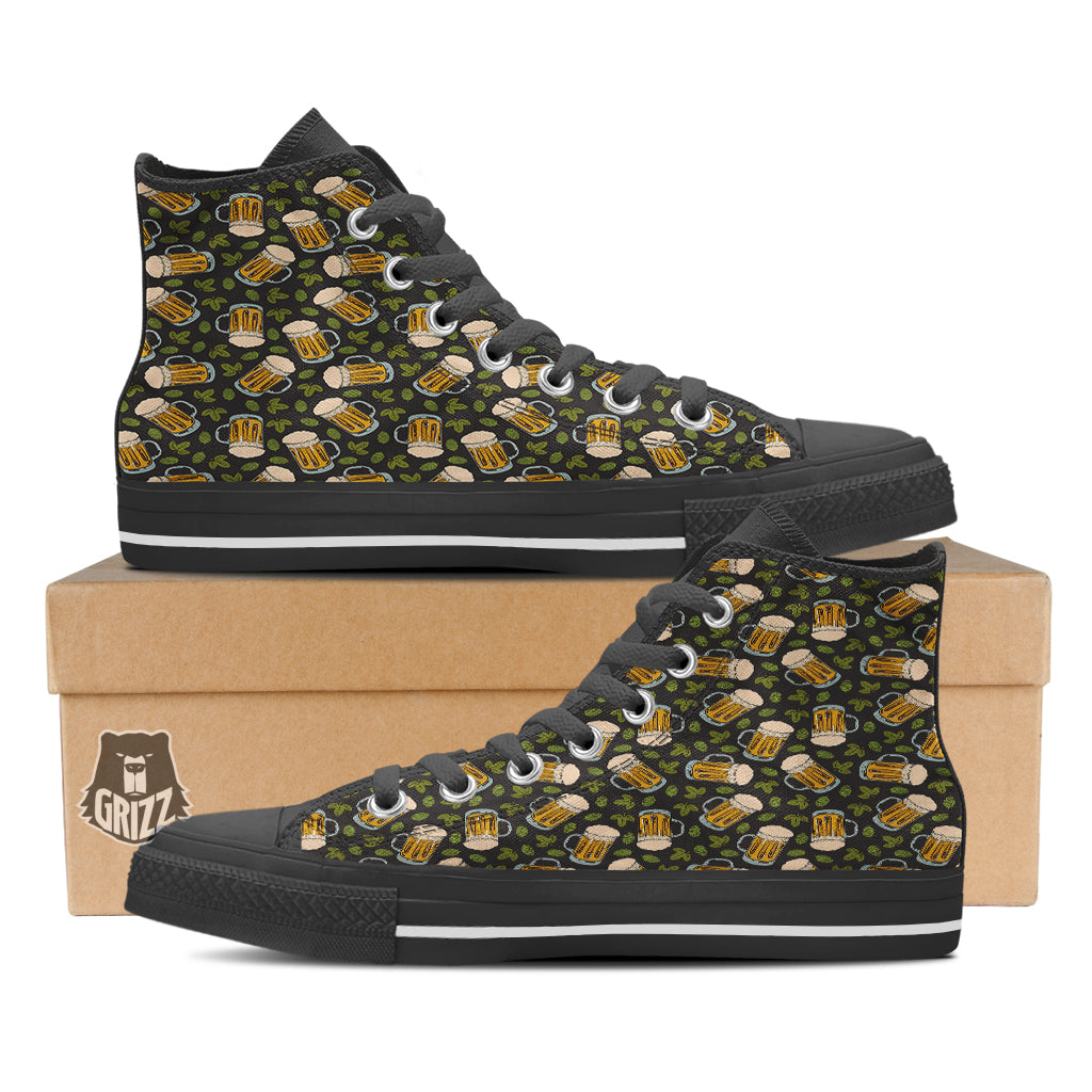 Beer And Hop Cone Leaf Print Pattern Black High Top Shoes-grizzshop