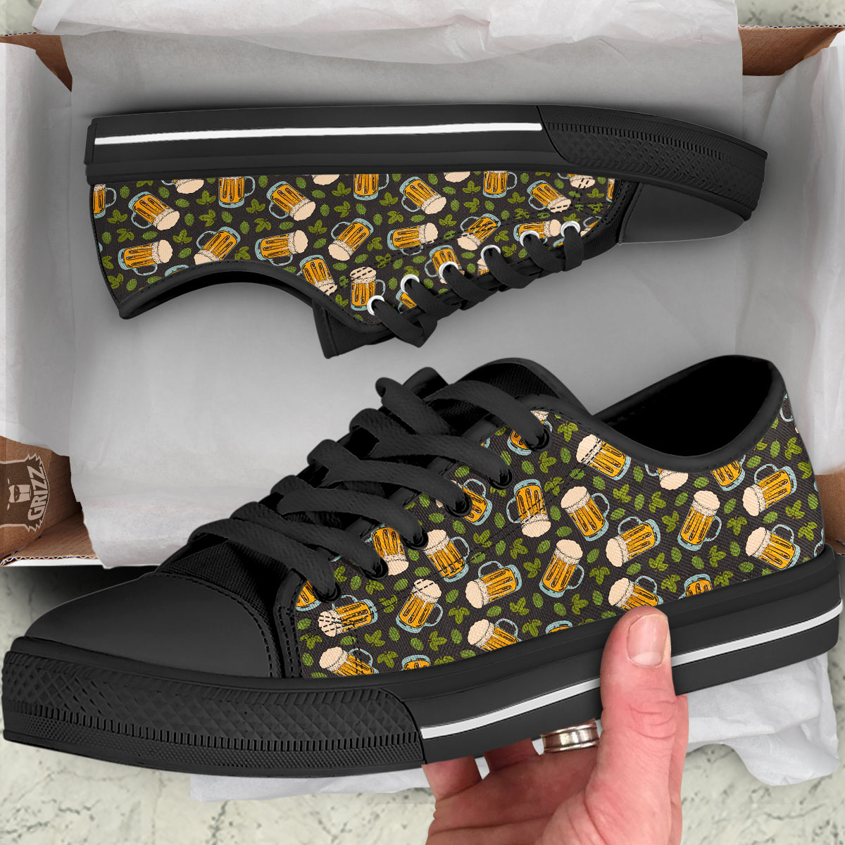 Beer And Hop Cone Leaf Print Pattern Black Low Top Shoes-grizzshop