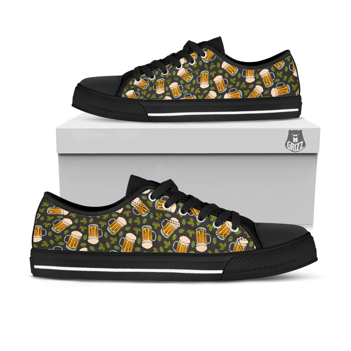 Beer And Hop Cone Leaf Print Pattern Black Low Top Shoes-grizzshop