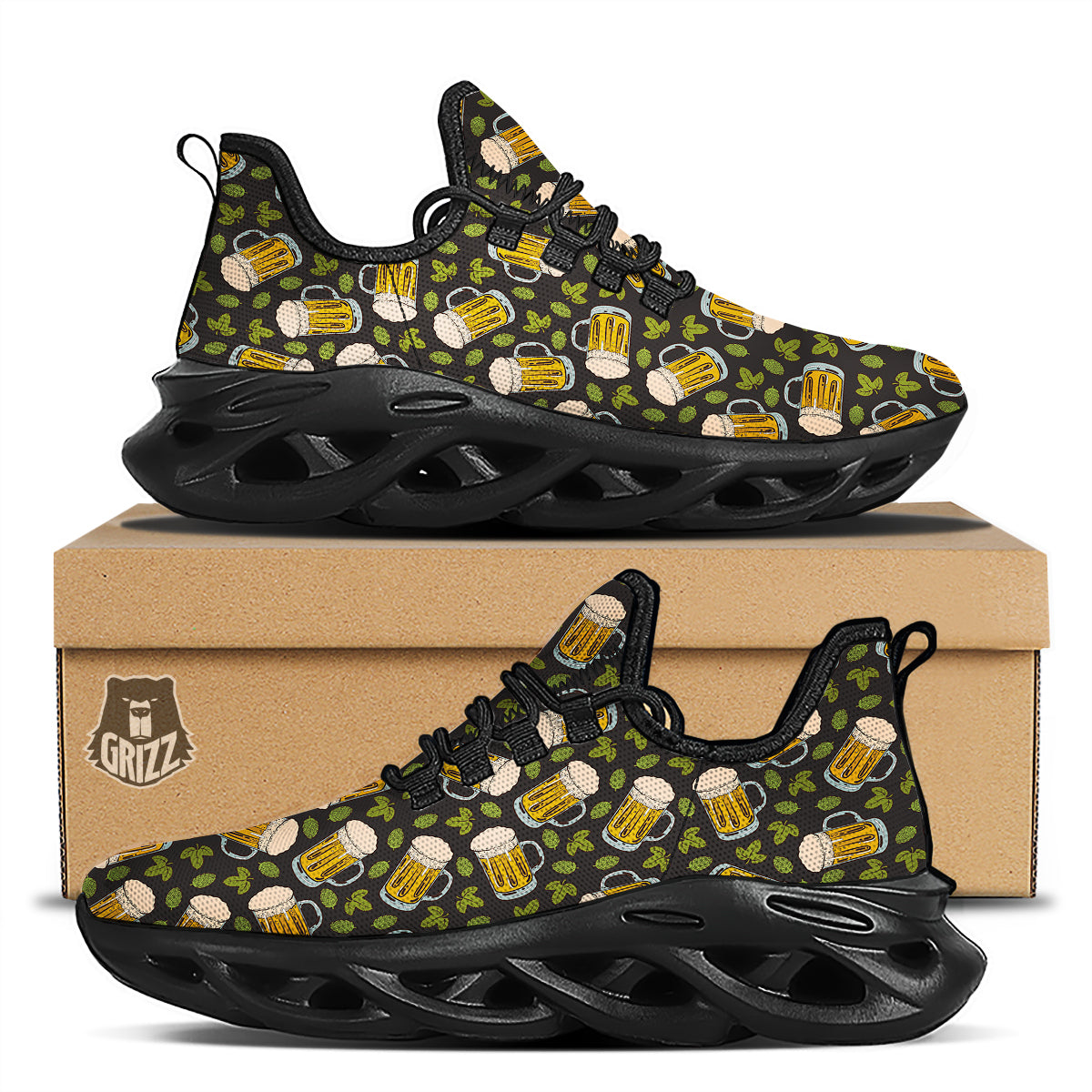 Beer And Hop Cone Leaf Print Pattern Black Running Shoes-grizzshop