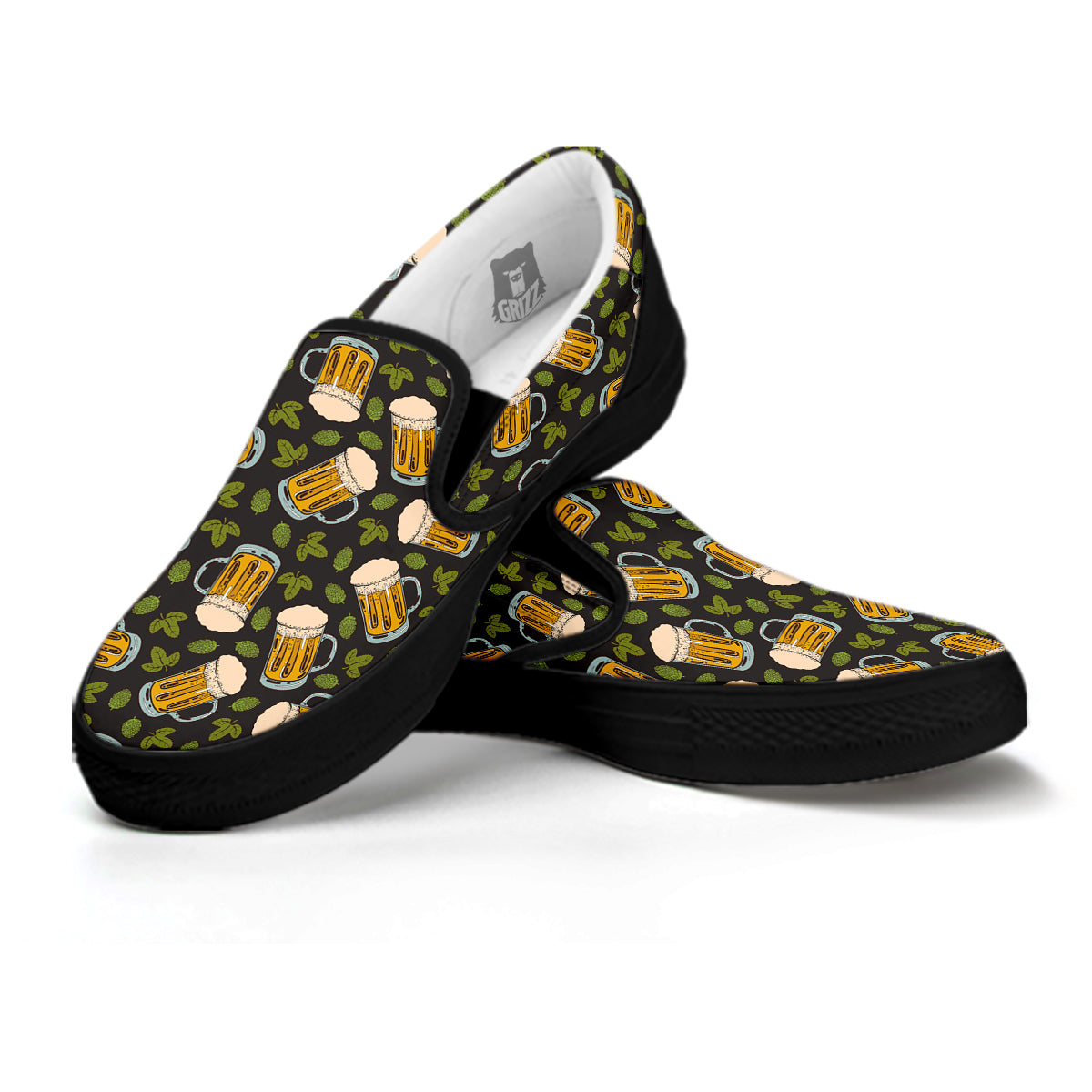 Beer And Hop Cone Leaf Print Pattern Black Slip On Shoes-grizzshop
