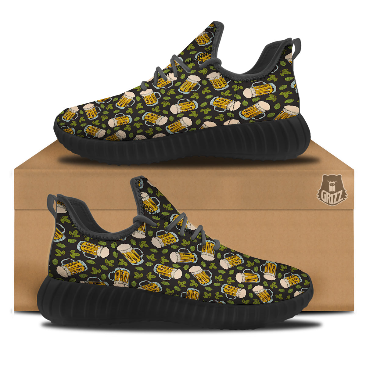 Beer And Hop Cone Leaf Print Pattern Black Walking Shoes-grizzshop