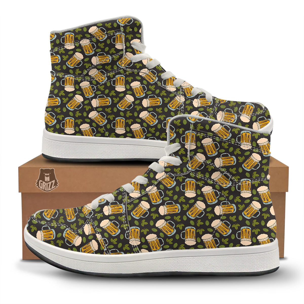 Beer And Hop Cone Leaf Print Pattern High Top Sneakers-grizzshop