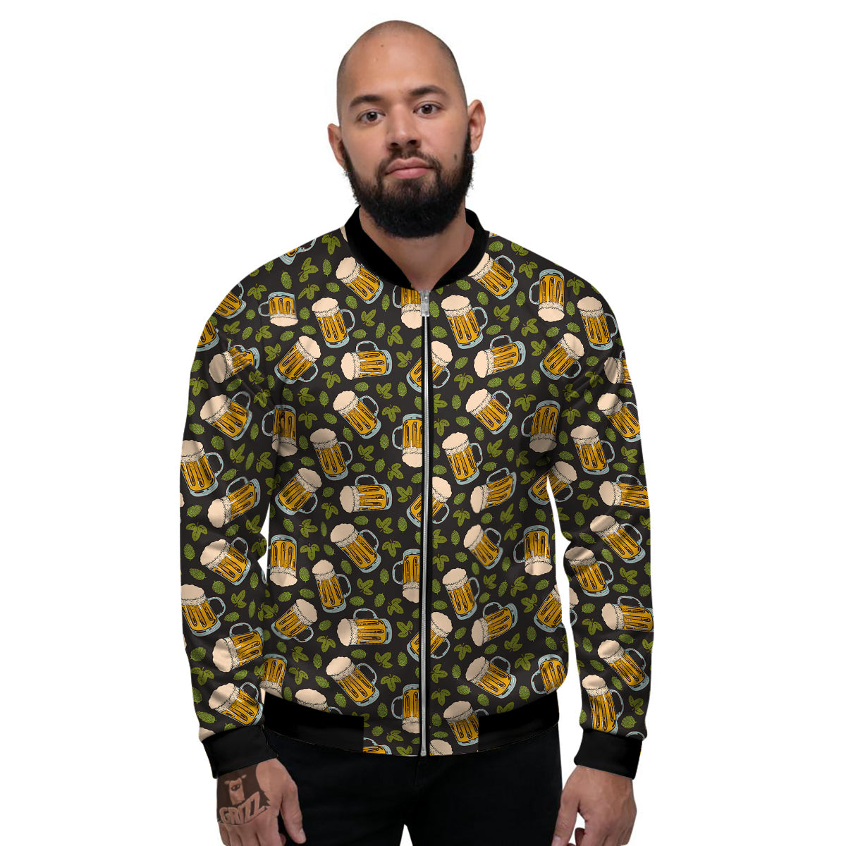 Beer And Hop Cone Leaf Print Pattern Men's Bomber Jacket-grizzshop
