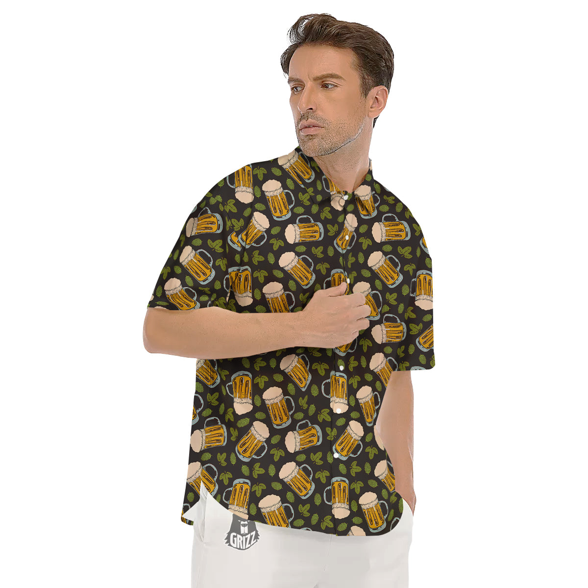 Beer And Hop Cone Leaf Print Pattern Men's Short Sleeve Shirts-grizzshop