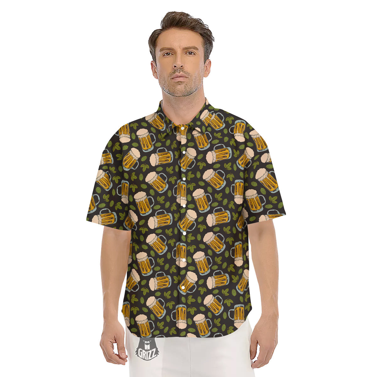 Beer And Hop Cone Leaf Print Pattern Men's Short Sleeve Shirts-grizzshop