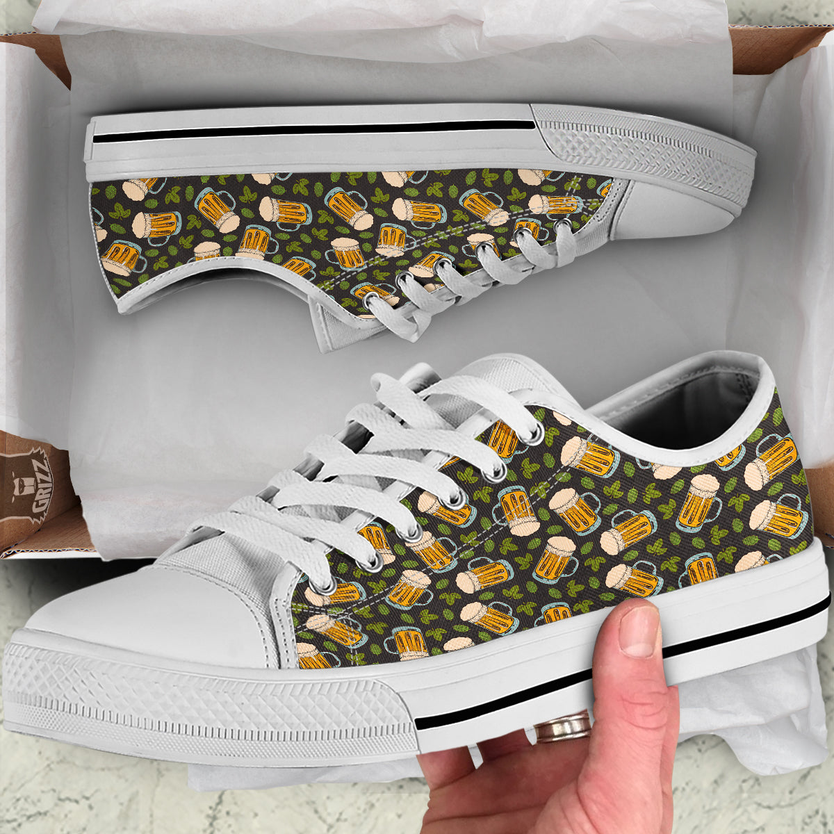 Beer And Hop Cone Leaf Print Pattern White Low Top Shoes-grizzshop