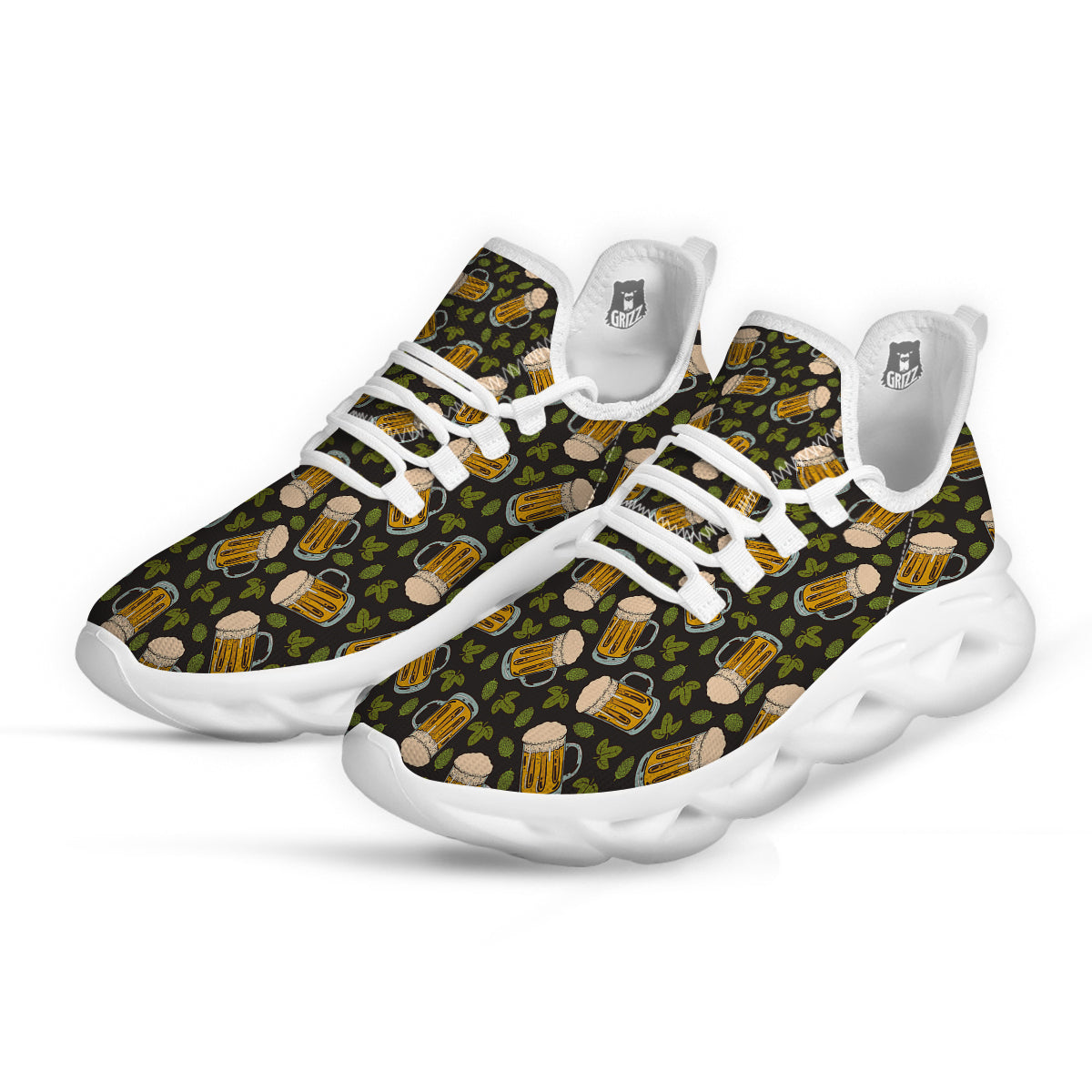 Beer And Hop Cone Leaf Print Pattern White Running Shoes-grizzshop
