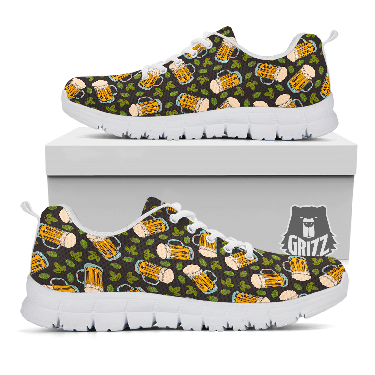Beer And Hop Cone Leaf Print Pattern White Sneaker-grizzshop