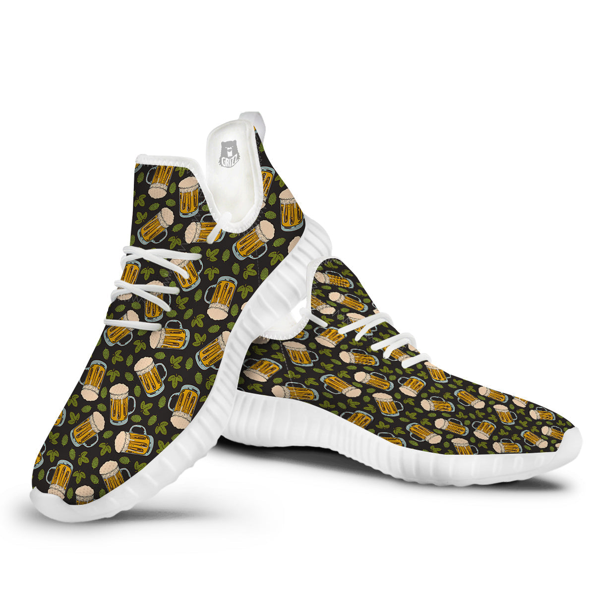 Beer And Hop Cone Leaf Print Pattern White Walking Shoes-grizzshop
