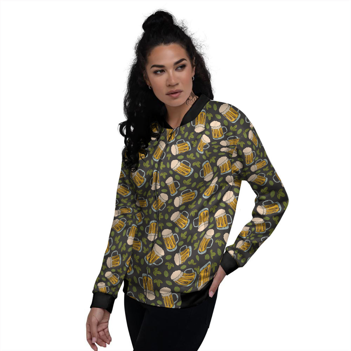 Beer And Hop Cone Leaf Print Pattern Women's Bomber Jacket-grizzshop