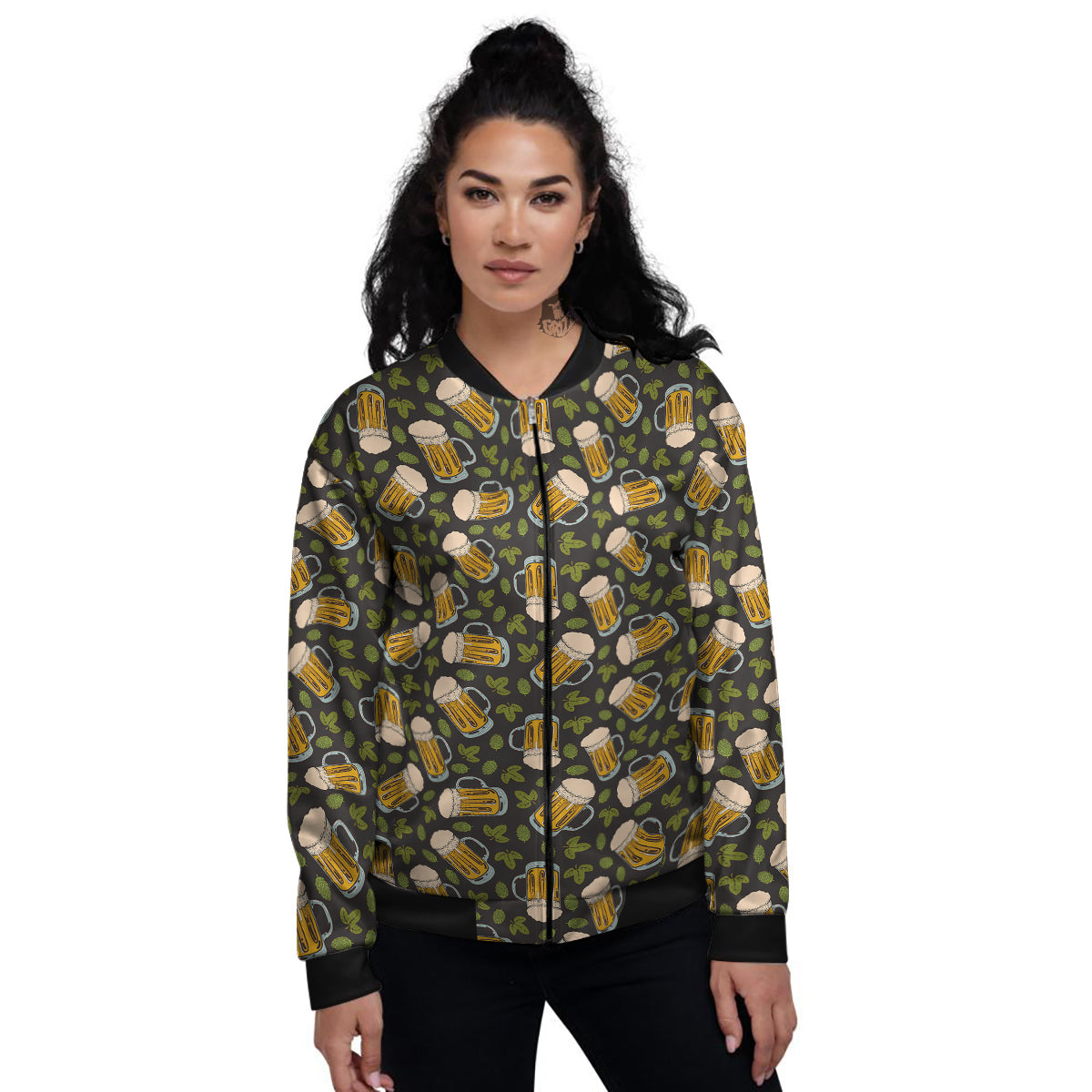 Beer And Hop Cone Leaf Print Pattern Women's Bomber Jacket-grizzshop