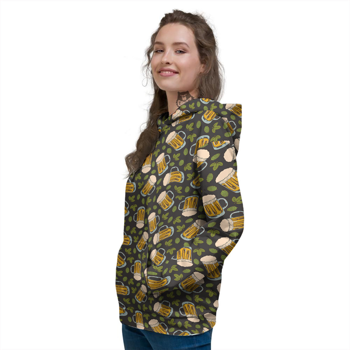 Beer And Hop Cone Leaf Print Pattern Women's Hoodie-grizzshop