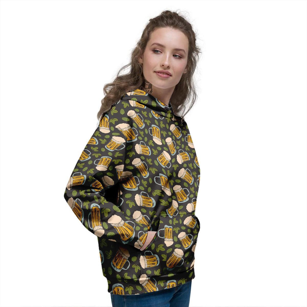 Beer And Hop Cone Leaf Print Pattern Women's Hoodie-grizzshop