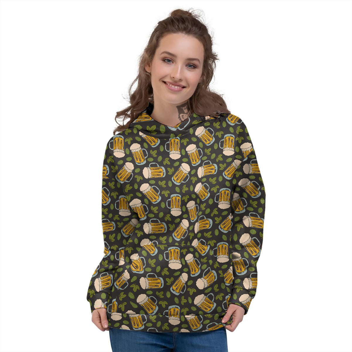 Beer And Hop Cone Leaf Print Pattern Women's Hoodie-grizzshop
