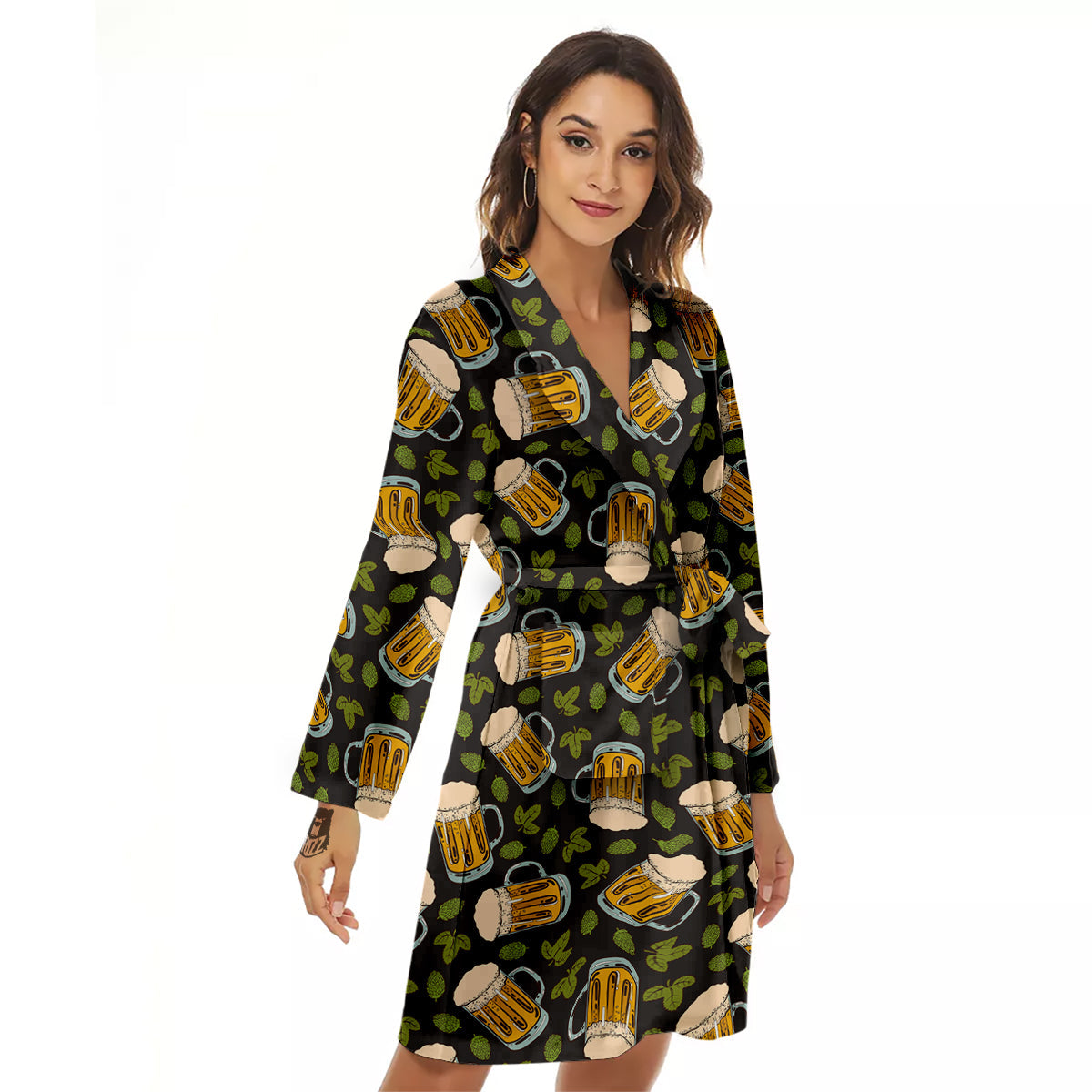 Beer And Hop Cone Leaf Print Pattern Women's Robe-grizzshop