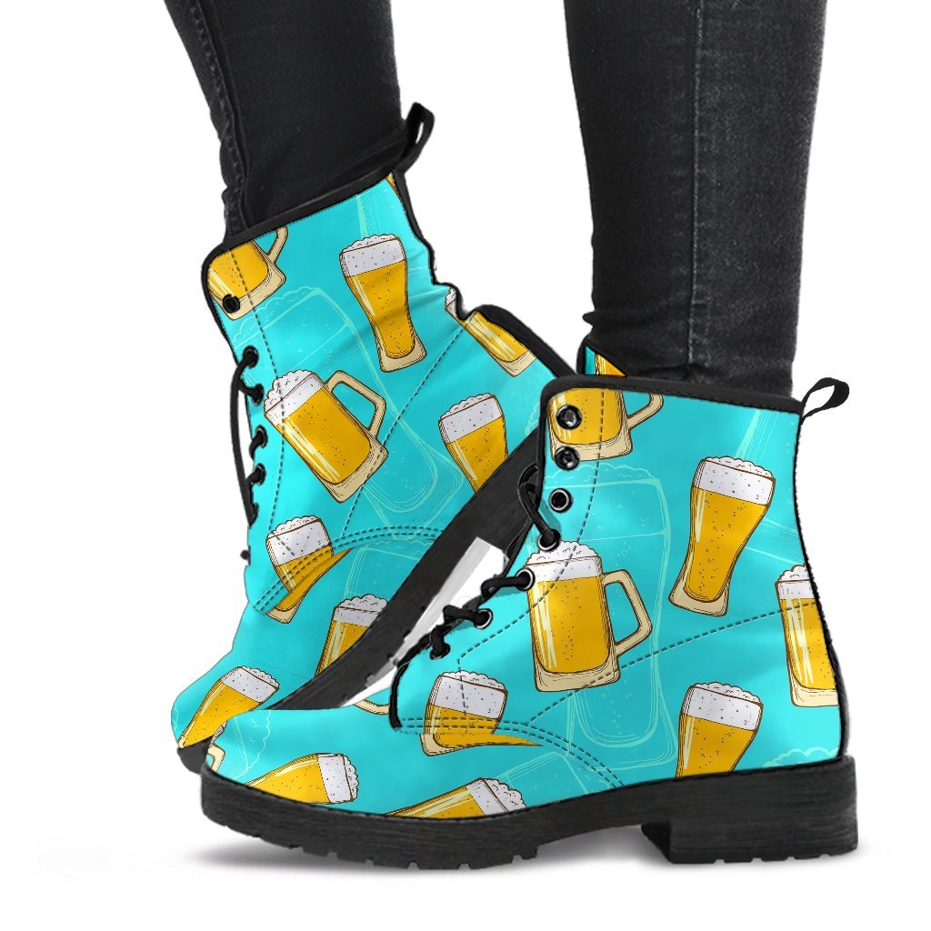 Beer Blue Pattern Print Men Women Leather Boots-grizzshop
