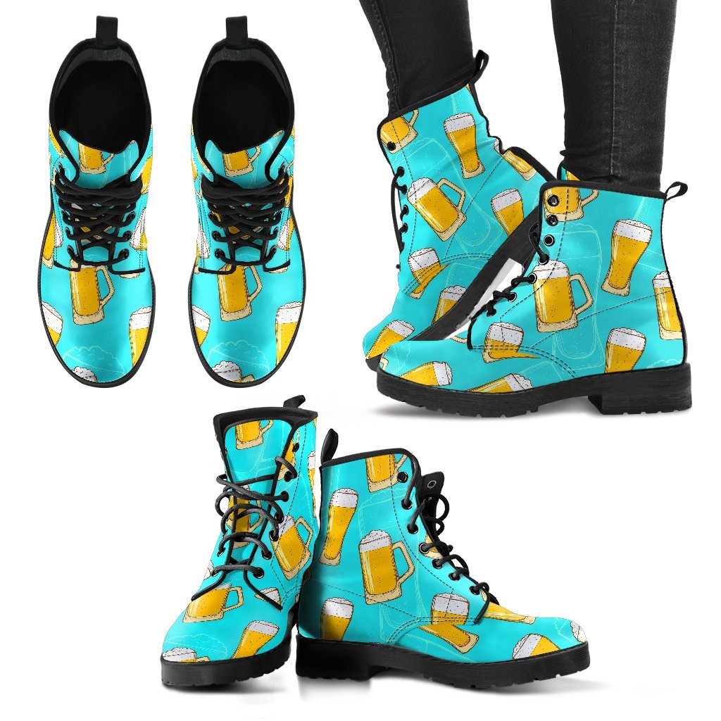 Beer Blue Pattern Print Men Women Leather Boots-grizzshop