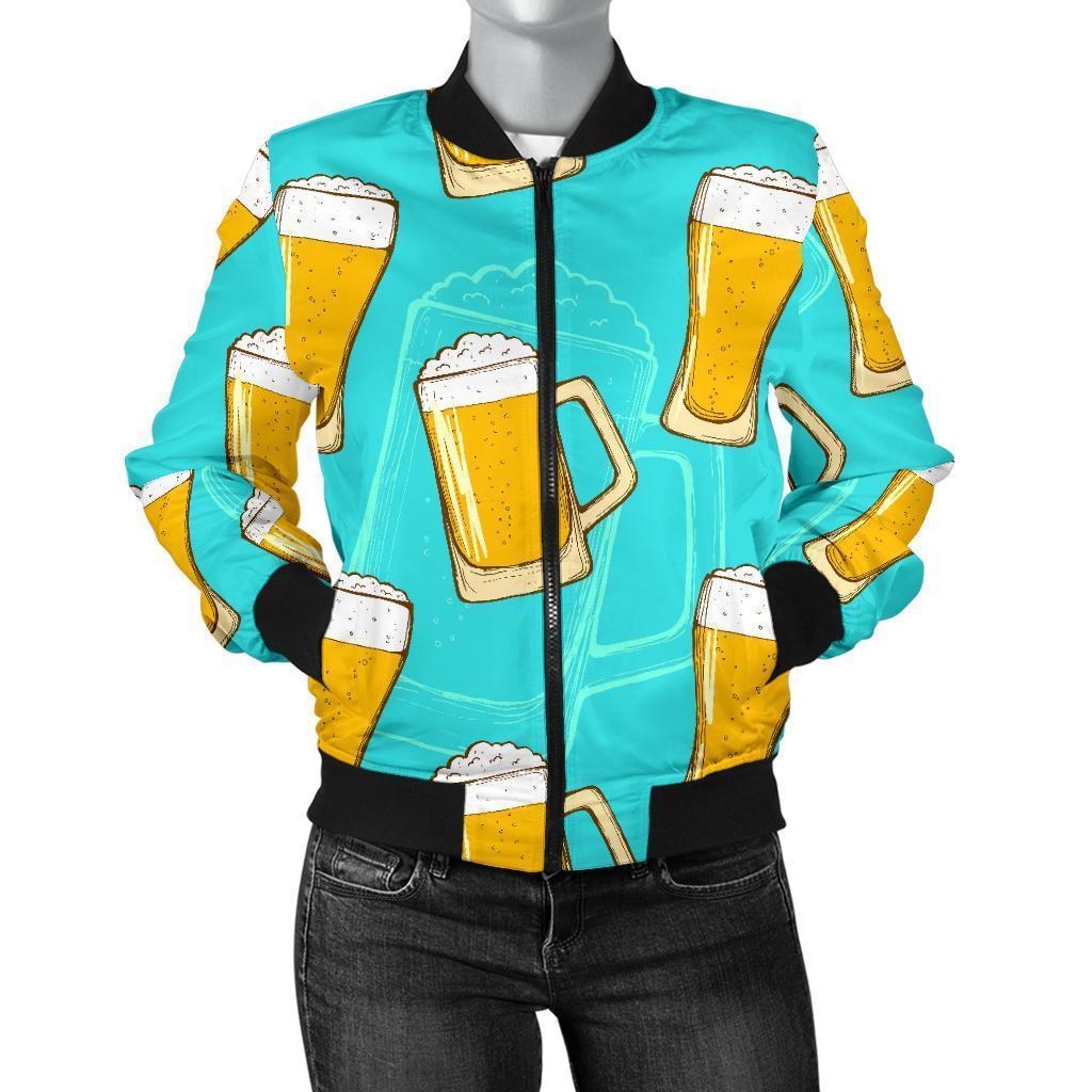 Beer Blue Pattern Print Women Casual Bomber Jacket-grizzshop