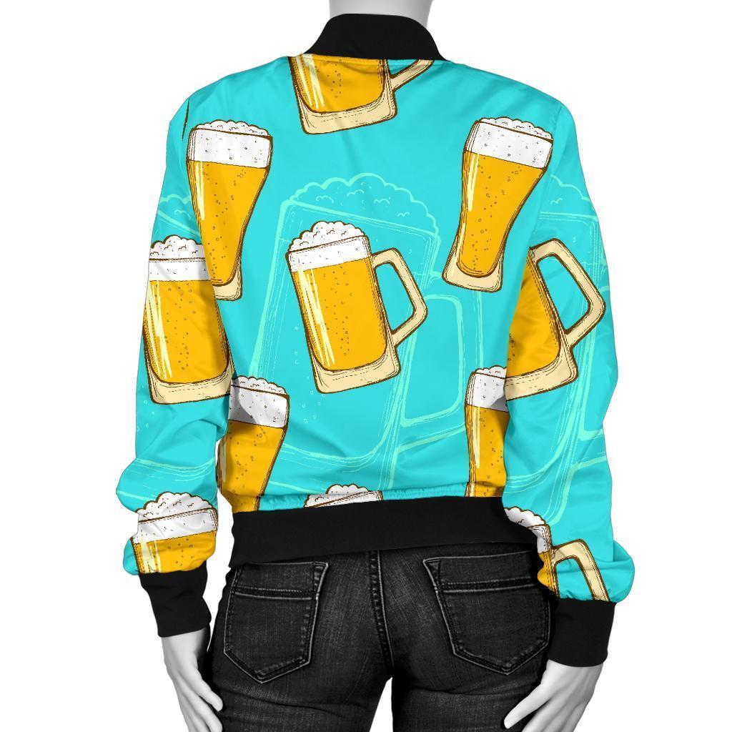 Beer Blue Pattern Print Women Casual Bomber Jacket-grizzshop